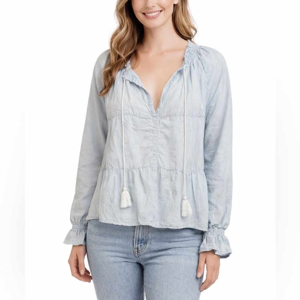 American Eagle NWT Size Medium Light Blue Chambray Blouse with Tassels
